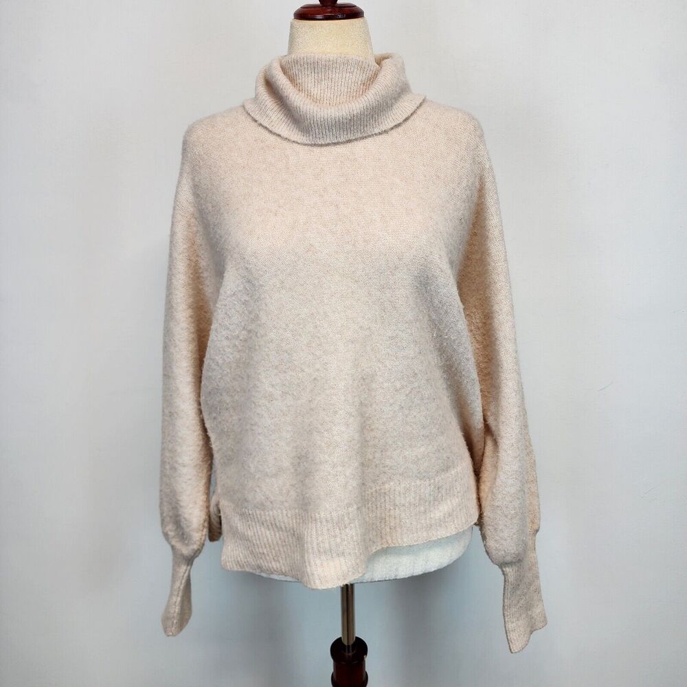 Becool Womens Oversized Cowl Sweater Size M/L Oatmeal Balloon Sleeve Wool Blend